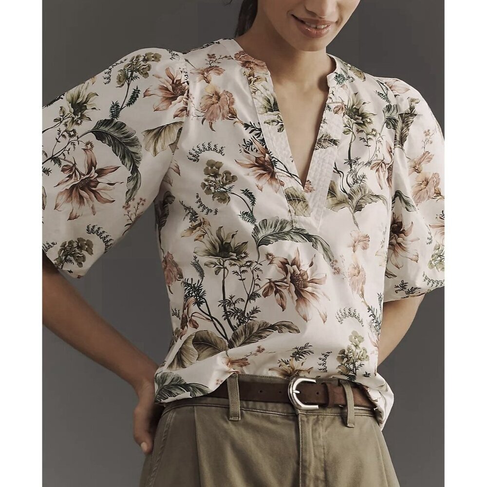 NWT Size L - Anthropologie 100% cotton Puff-Sleeve Floral Blouse (NWT US$ 108)